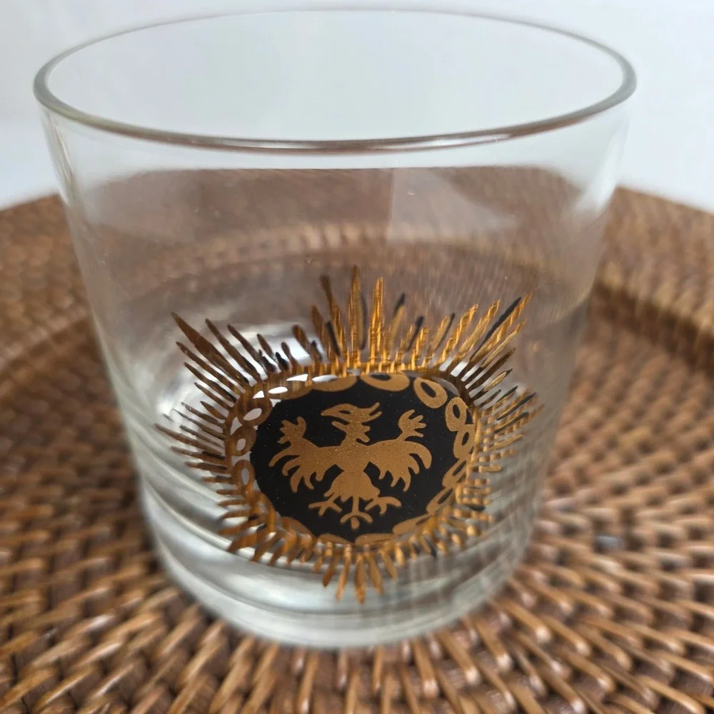 Vintage Set of 5 Mid-Century Modern Gold Medallion Whiskey Glasses Colorful